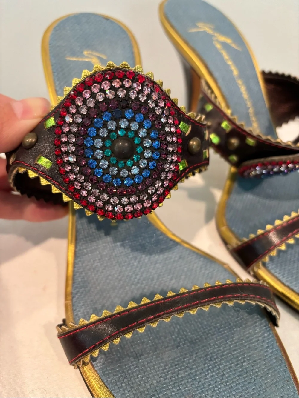 Giuseppe Zanotti Denim Slide Heels with Multicolor Crystal Detail